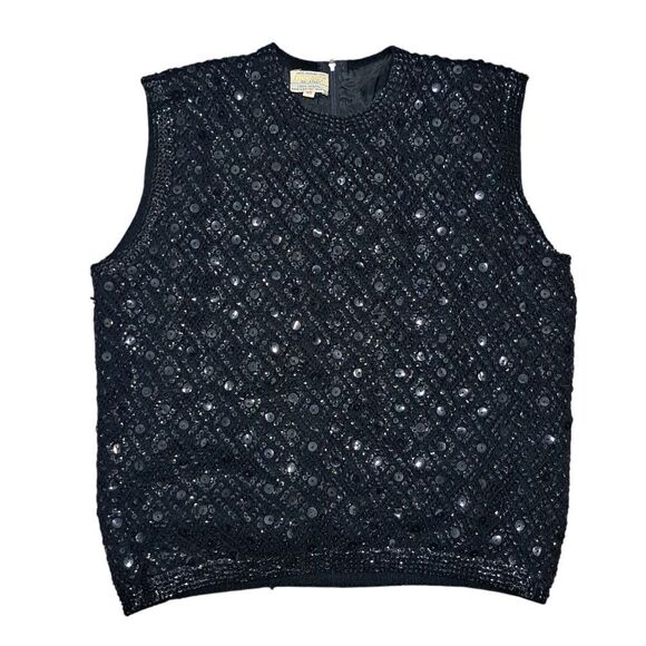 Cyn Les Tops - Vintage Cyn Les Wool Hand Beaded Sequin Sleeveless Top Size 40 Black